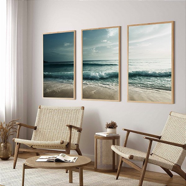 Conjunto de 3 quadros decorativos Praia Abstrata.