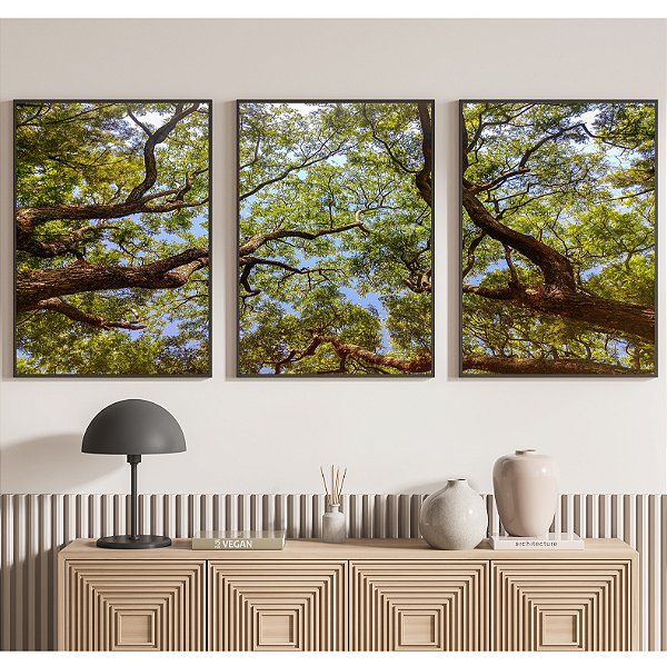 Conjunto com 3 quadros decorativos Árvore Verde e seus galhos.