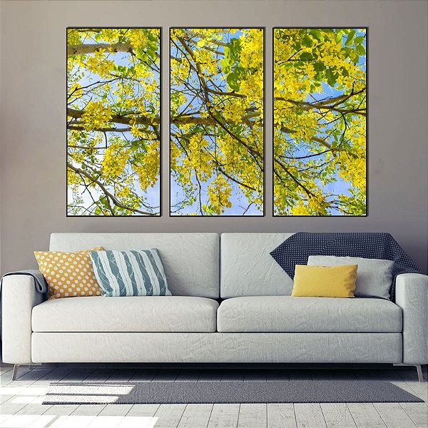 Conjunto com 3 quadros decorativos Árvore com Flores Amarelas. Artista: Tadeu Lima Jr.