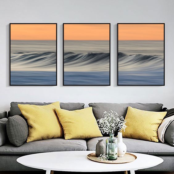 Conjunto com 3 quadros decorativos Mar Abstrato. Artista: Renato Tinoco