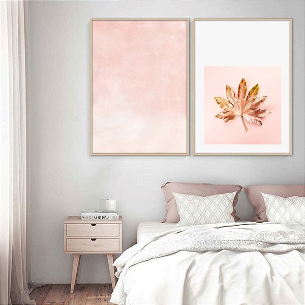 Conjunto com 2 quadros decorativos Folha rosa monocromático. Coleção Assinada: Eduardo Muzzi