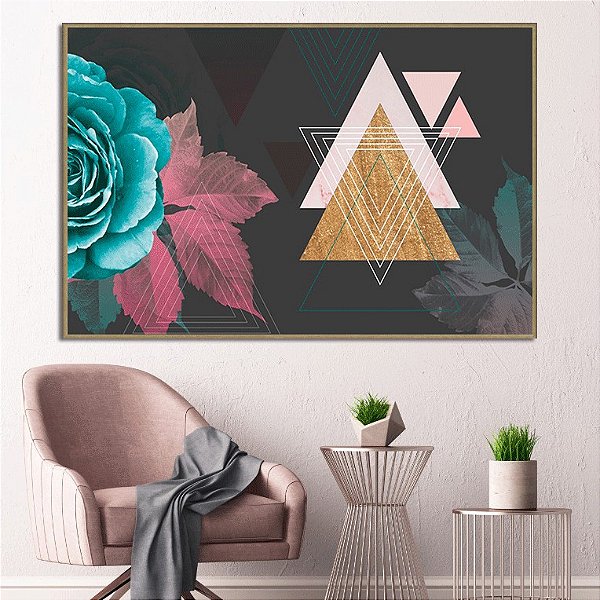 Quadro Decorativo Geométrico com Flor e Triângulos. Artista: Leandro Francisca