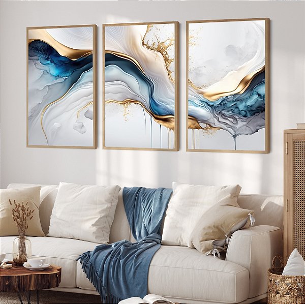 Conjunto com 3 quadros decorativos Abstrato Aquarela Azul