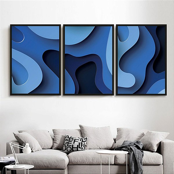 Conjunto com 3 quadros decorativos Profusão da Cor Azul. Coleção Assinada: Daniel Kroth