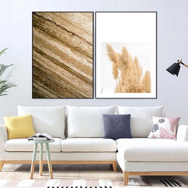 Conjunto com 2 quadros decorativos Pampas com detalhes abstrato palha. Coleção Assinada: Eduardo Muzzi