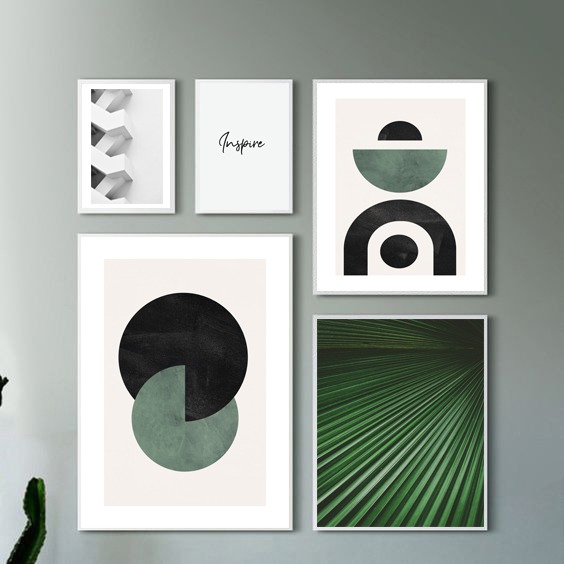 Conjunto de 5 quadros decorativos Geometria Verde Inspire.