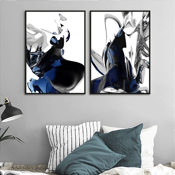 Conjunto de 2 Quadros Decorativos abstrato tons de azul. Artista: Paulo Ide