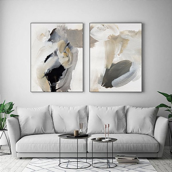 Conjunto de 2 Quadros Decorativos Abstrato Pinceladas Cinzas.