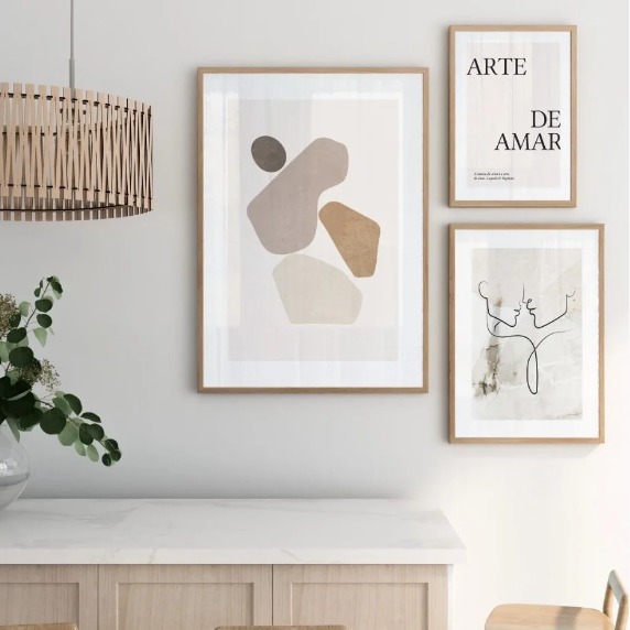 Conjunto de 3 quadros decorativos Arte de Amar medidas: 0,55x0,80- 0,30x0,40 - 0,40x0,50, vidro e moldura cor Capuccino- Coleção Trend Touch.