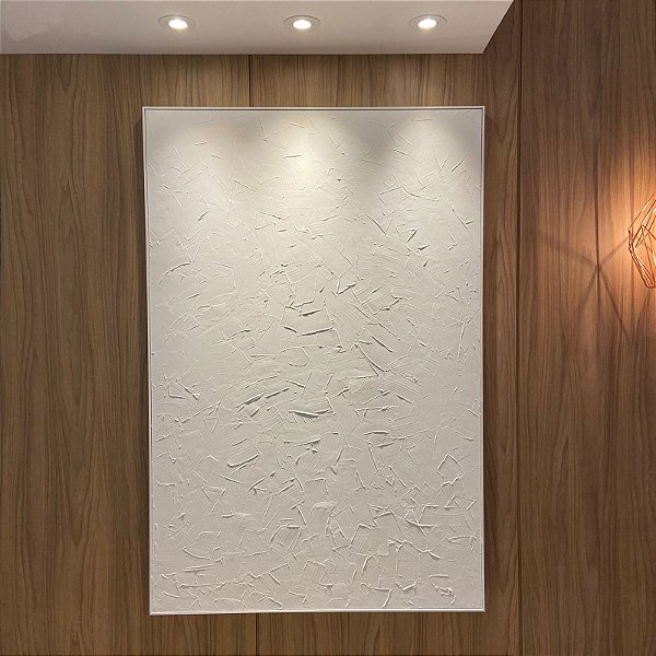Quadro Decorativo Minimalista Textured White 1,00x1,50cm com moldura madeira branca.