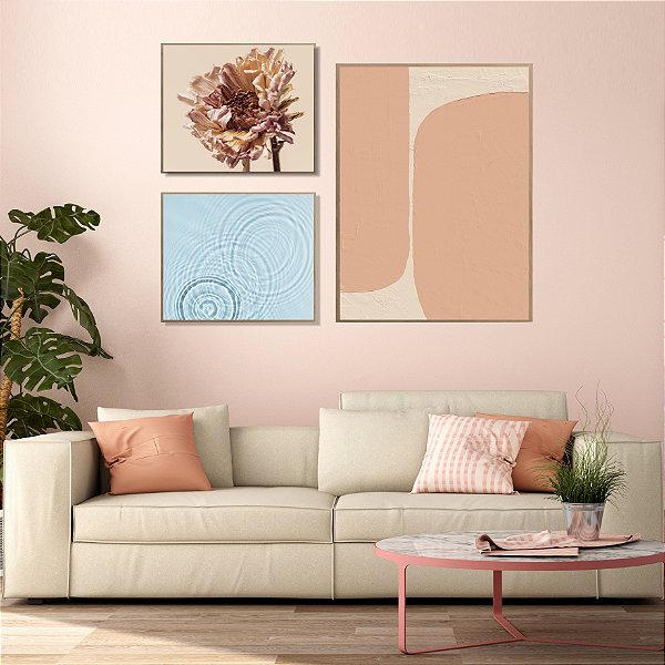 Composição com 3 quadros decorativos Flor rosa. Coleção Assinada: Tamires Marques.
