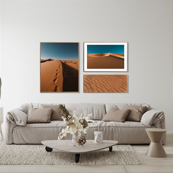 Composição com 3 quadros decorativos Deserto. Coleção Assinada: Tamires Marques.