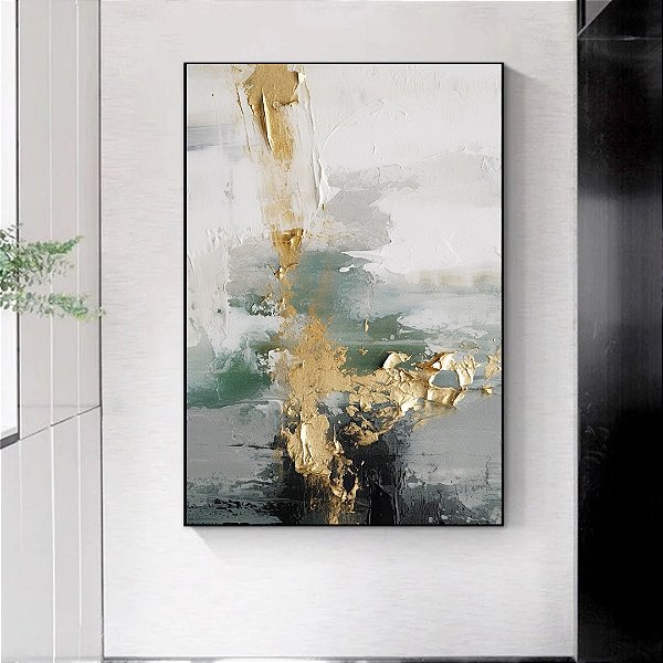 Quadro decorativo Abstrato Texturas Douradas e Verde