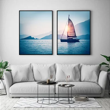 Conjunto com 2 quadros decorativos Mar Azul e Barco. Coleção Assinada: Paola Cury