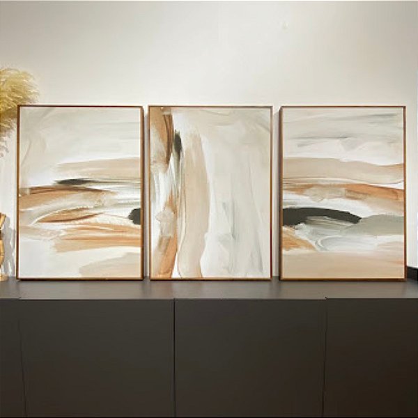Conjunto com 3 quadros decorativos abstratos Neutro. Medida 50x70cm cada tela em Canvas com moldura filete freijó.