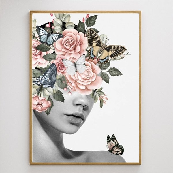 Quadro Decorativo Mulher com flores delicadas.