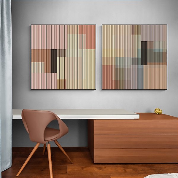 Conjunto com 2 quadros decorativos geometricos linhas tons rosados Artista: Patricia Costa