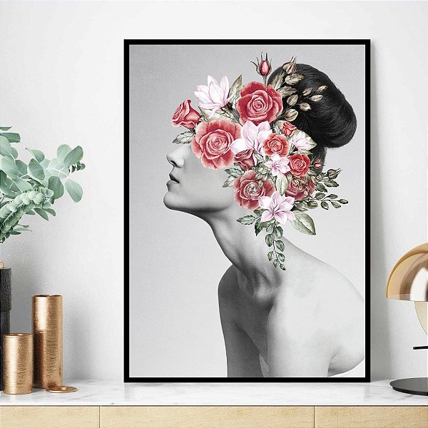 Quadro Decorativo Mulher com Flores Rosa. Artista: Claudia Dias