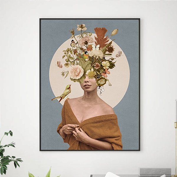 Quadro Decorativo Mulher com Flores e animais. Artista: Claudia Dias