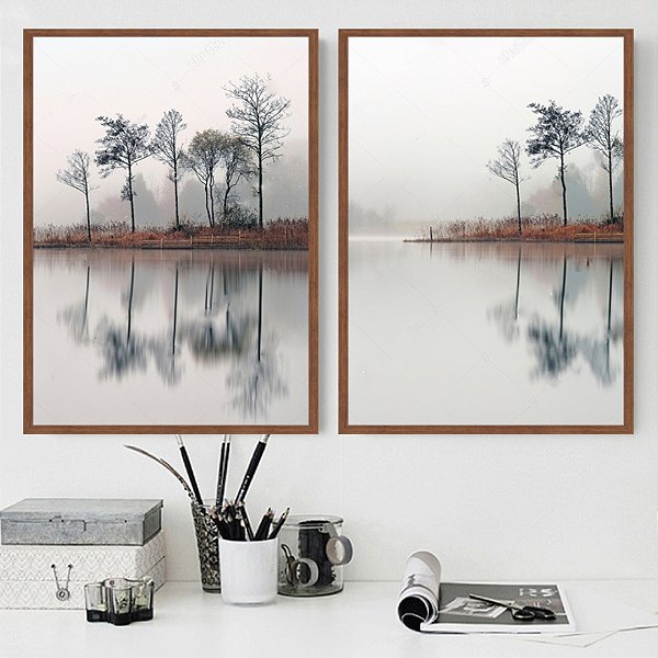 Conjunto de 2 Quadros Decorativos árvores e lago.