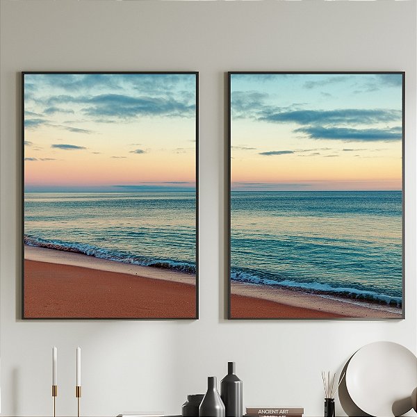 Conjunto de 2 Quadros Decorativos Mar final de tarde.