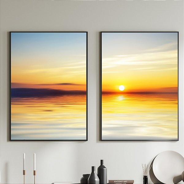 Conjunto de 2 Quadros Decorativos Mar com sol ensolarado.