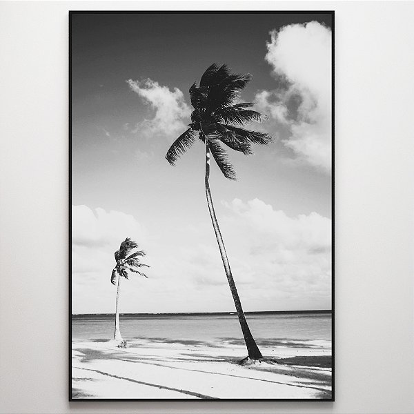 Quadro Decorativo Praia e coqueiros preto e branco.