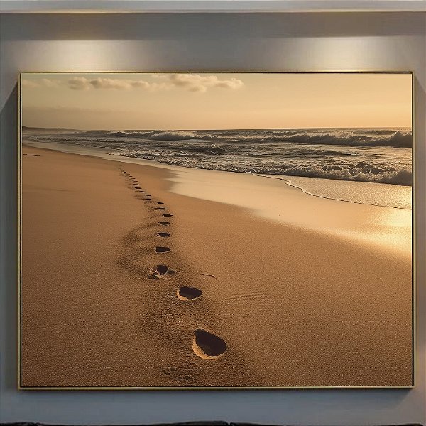 Quadro Decorativo Praia ensolarado com pegadas na areia.