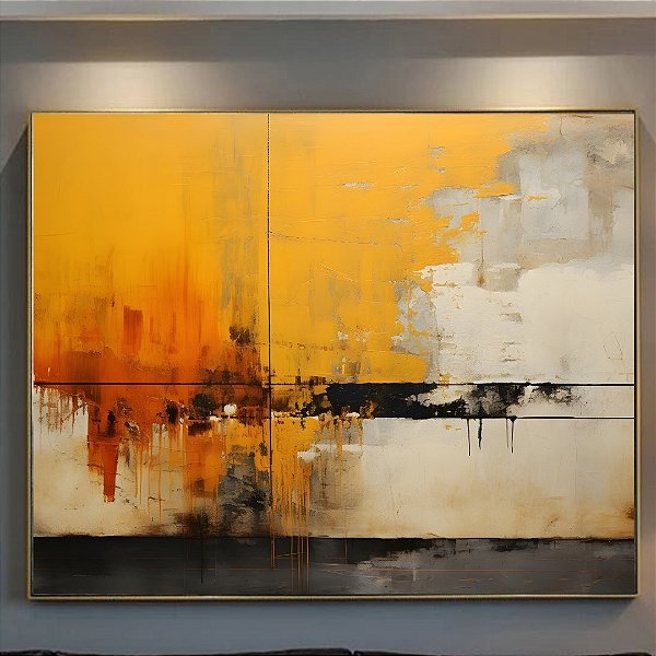 Quadro Decorativo Abstrato com textura e detalhe amarelo.
