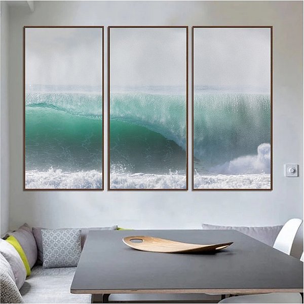 Conjunto de 3 quadros decorativos Onda do mar.