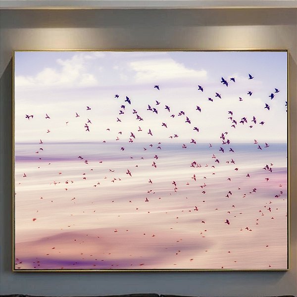 Quadro Decorativo Céu roxo e pássaros.