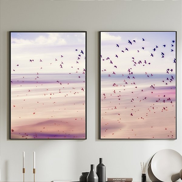Conjunto de 2 Quadros Decorativos céu roxo e pássaros.