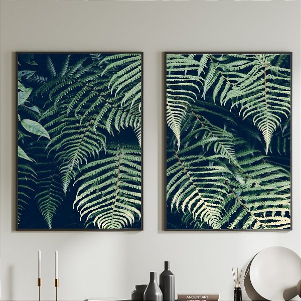Conjunto de 2 Quadros Decorativos folhas verdes.