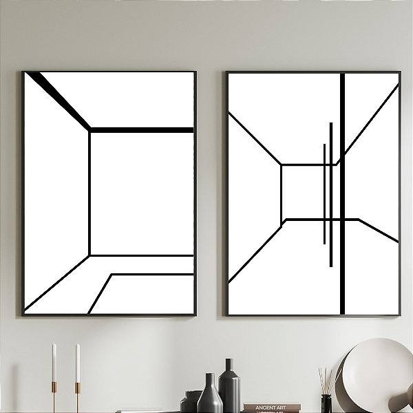 Conjunto de 2 Quadros Decorativos geométrico preto e branco