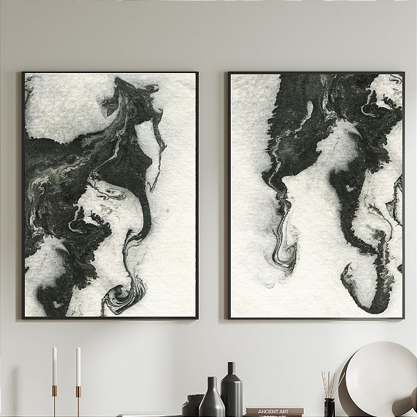 Conjunto de 2 Quadros Decorativos marmorizado preto.