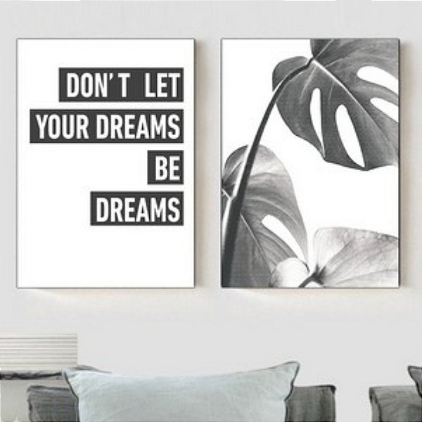 Conjunto de 2 Quadros Decorativos abstrato Frase e folhas.