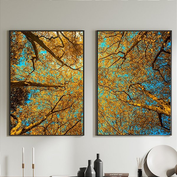 Conjunto de 2 Quadros Decorativos Árvore amarela.