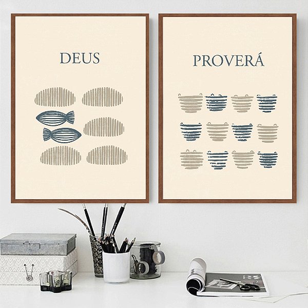 Conjunto de 2 Quadros Decorativos Frase e imagens de peixe e pão.