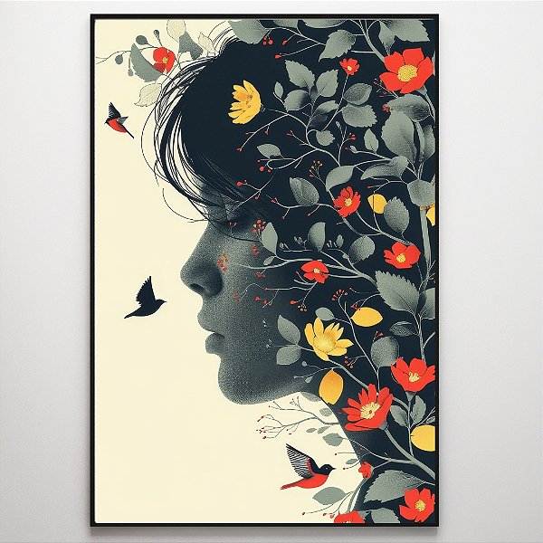 Quadro Decorativo Mulher Florida e pássaros.
