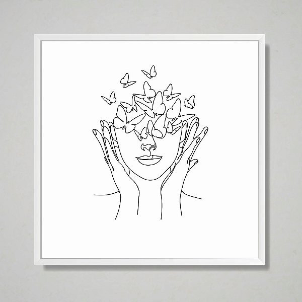 Quadro decorativo Mulher e borboletas minimalista.