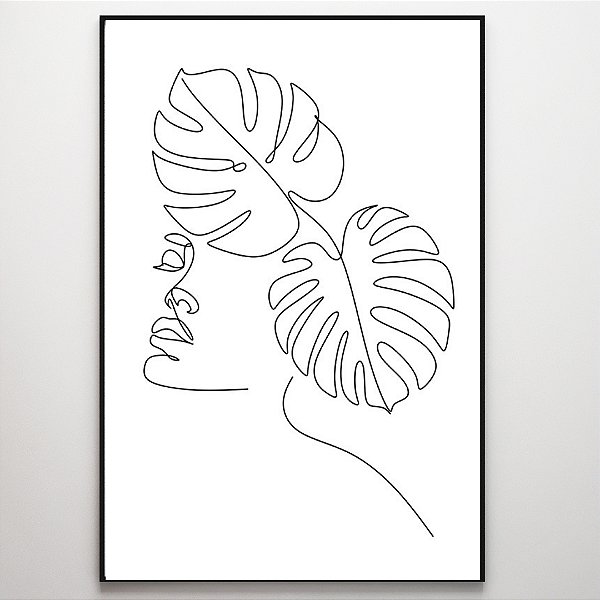 Quadro Decorativo Rosto com folha em linhas.