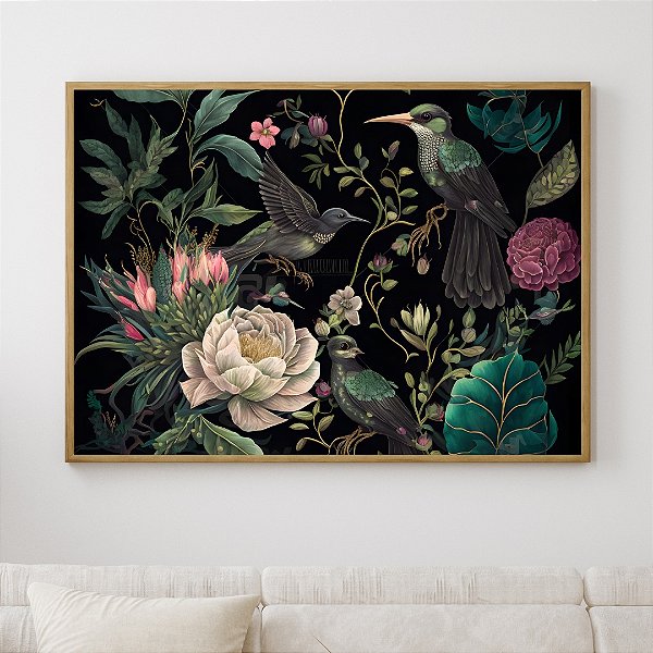 Quadro Decorativo flores e pássaros.