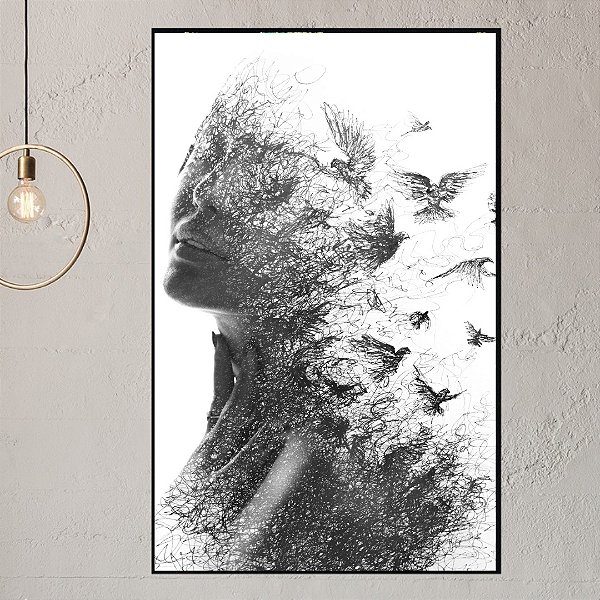 Quadro Decorativo Mulher com detalhes preto e branco.