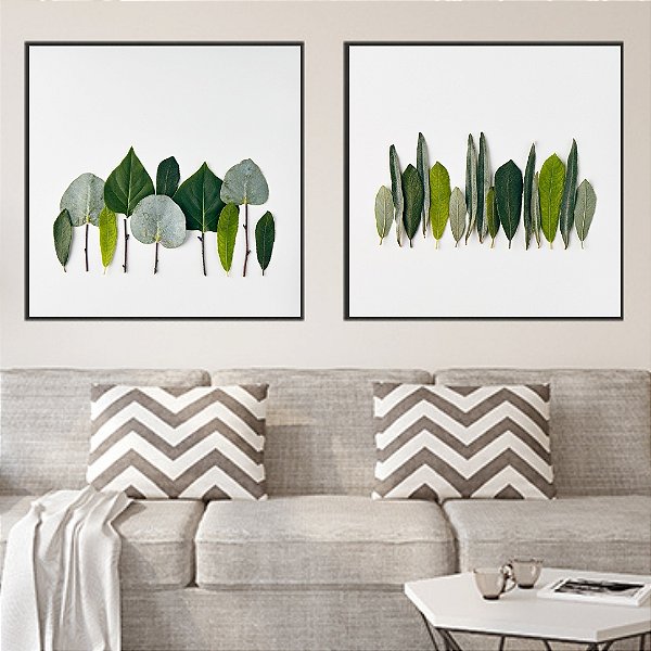 Conjunto com 2 quadros decorativos Folhas verdes.