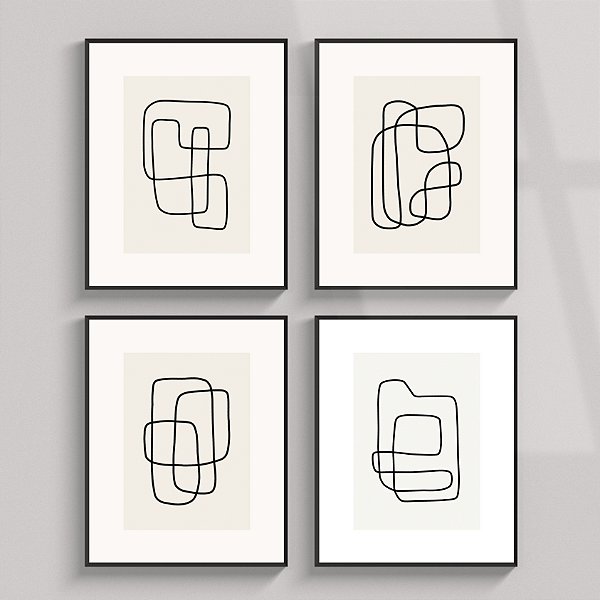 Conjunto de 4 quadros decorativos Linhas pretas.