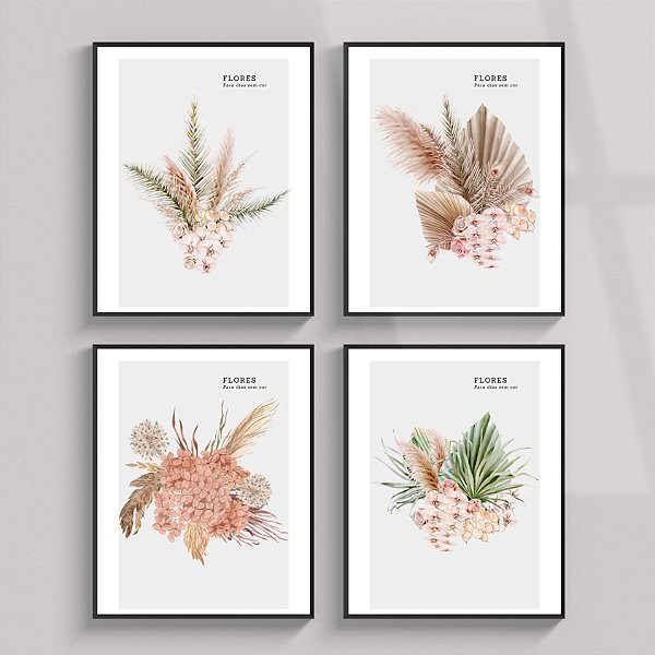 Conjunto de 4 quadros decorativos Florais. Coleção Assinada: Paola Cury