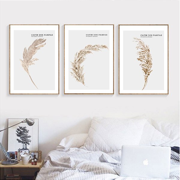 Conjunto de 3 quadros decorativos Capim dos pampas. Coleção Assinada: Paola Cury