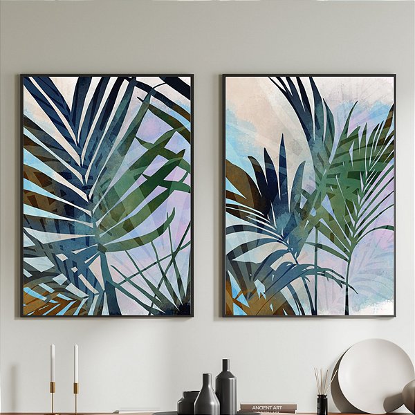 Conjunto de 2 Quadros Decorativo ilustração folhas. Artista: Natalia Dercale.