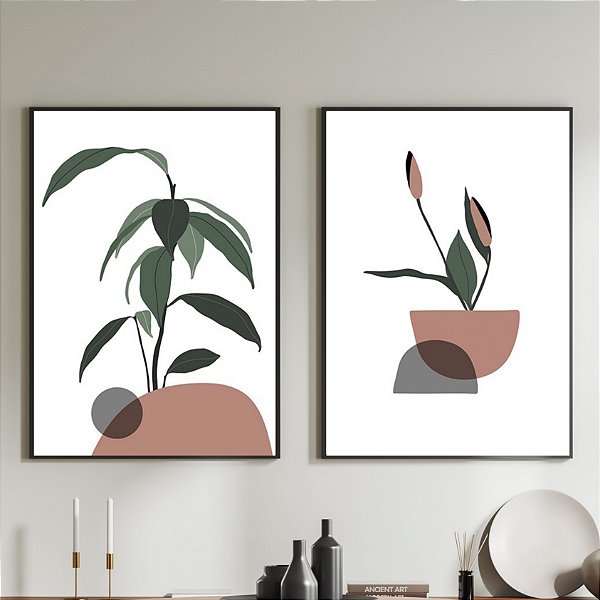 Conjunto de 2 Quadros Decorativo ilustração folhas. Artista: Natalia Dercale.