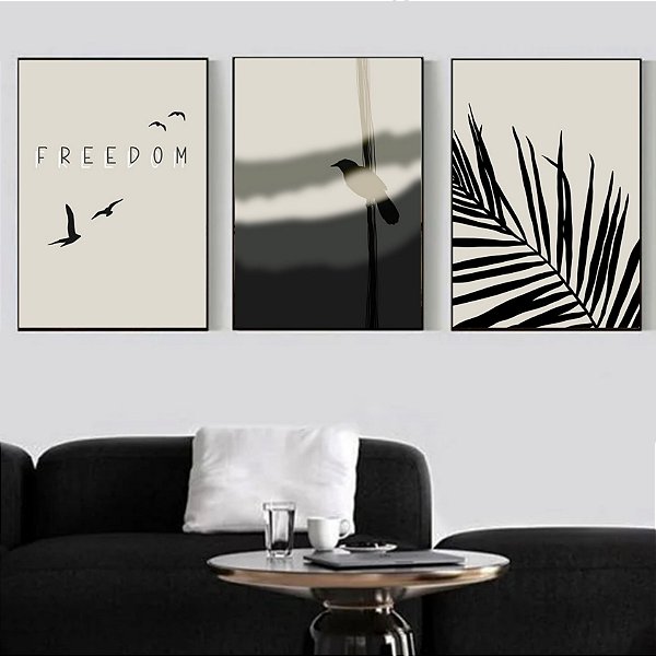 Conjunto com 3 quadros decorativos ilustração pássaros e folhas . Artista: Natalia Dercale.